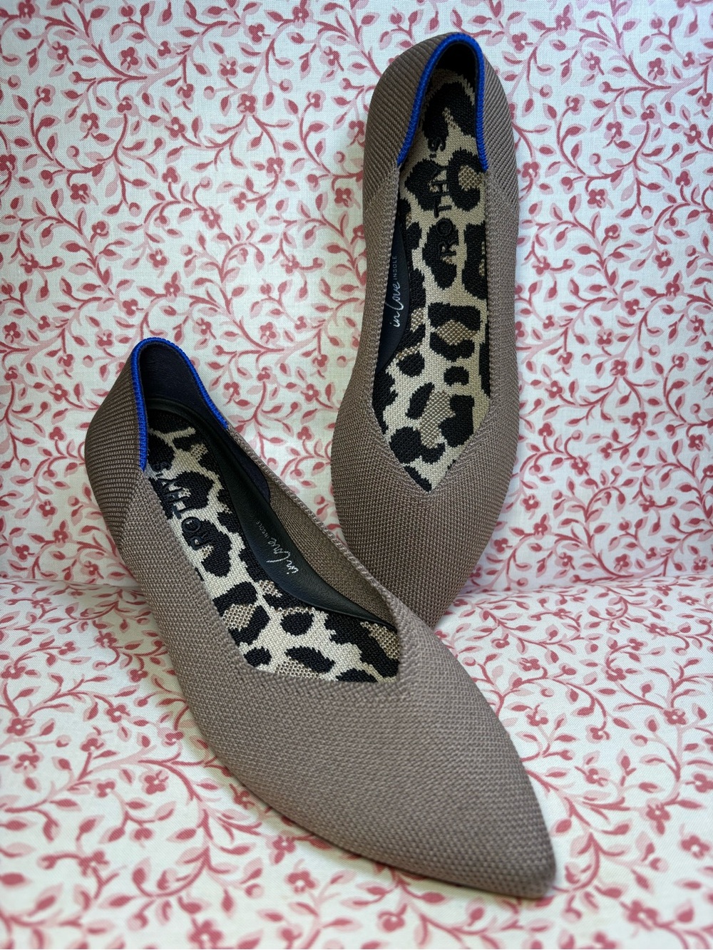 Rothy's Taupe The Point II Knit Flats with Leopard Insole